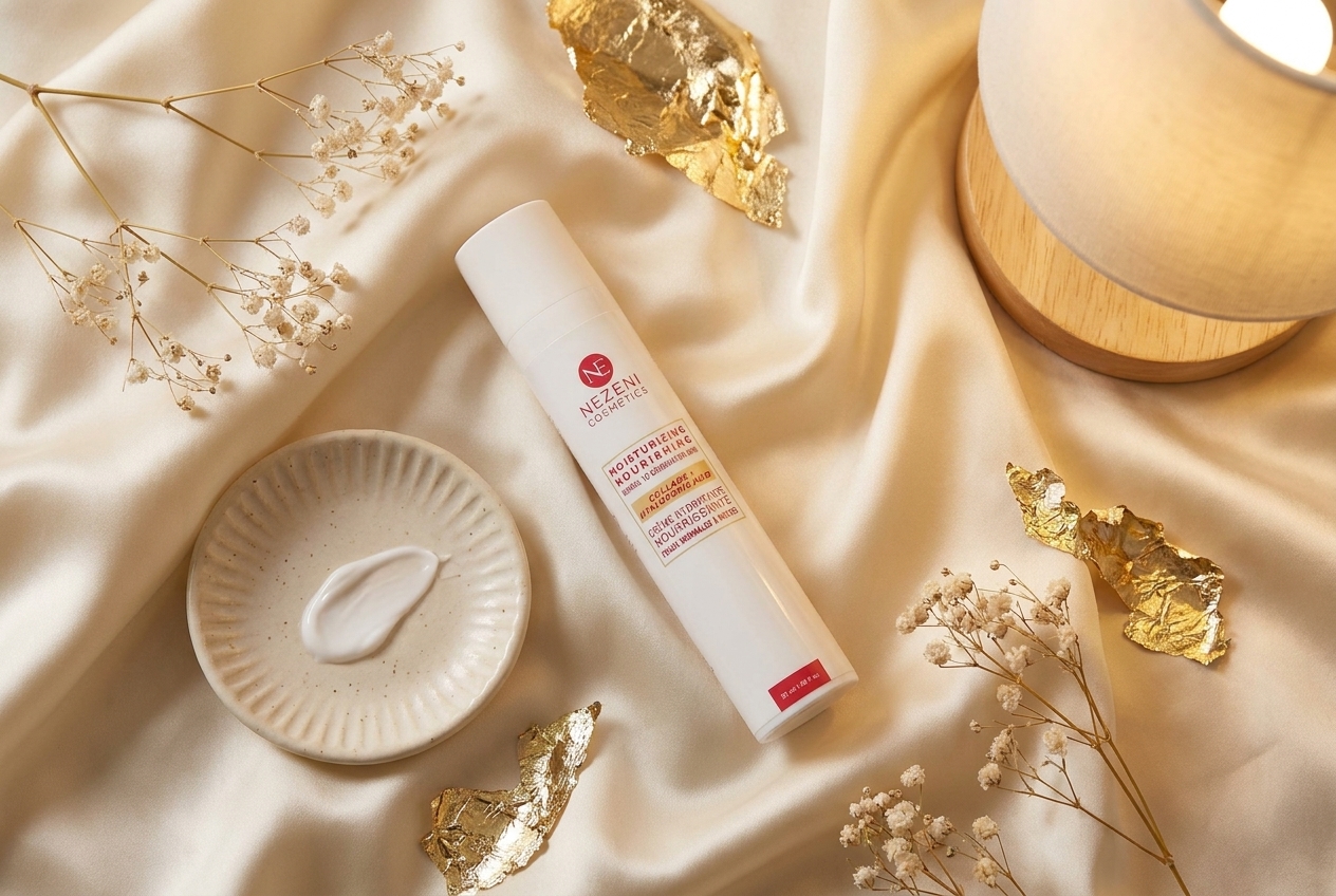 Crema Hidratante Nutritiva Nezeni Cosmetics con Colágeno Ácido Hialurónico Elastina sobre seda crema