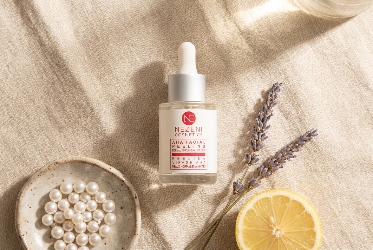 Peeling químico AHA de Nezeni Cosmetics con ácidos glicólico, azeláico, láctico y tartárico en envase de cristal