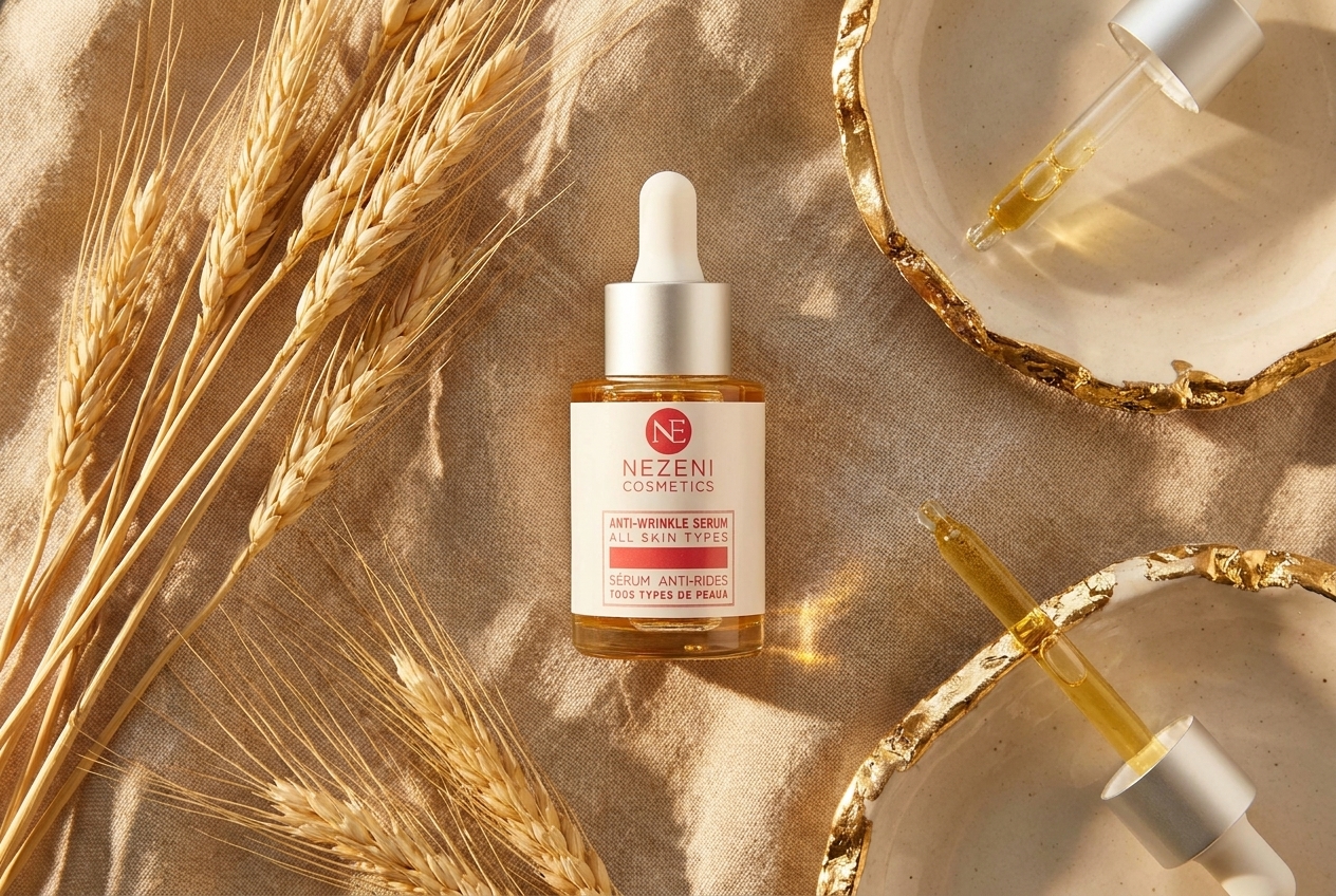 Sérum Facial Antiarrugas Nezeni Cosmetics con vitamina C y ácido hialurónico sobre fondo de lino beige