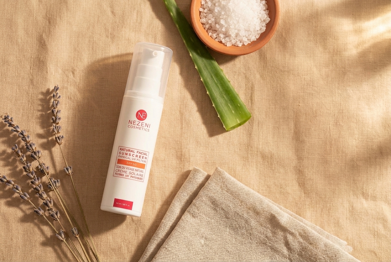Protector solar Nezeni Cosmetics SPF50 con filtros físicos sobre superficie de mármol
