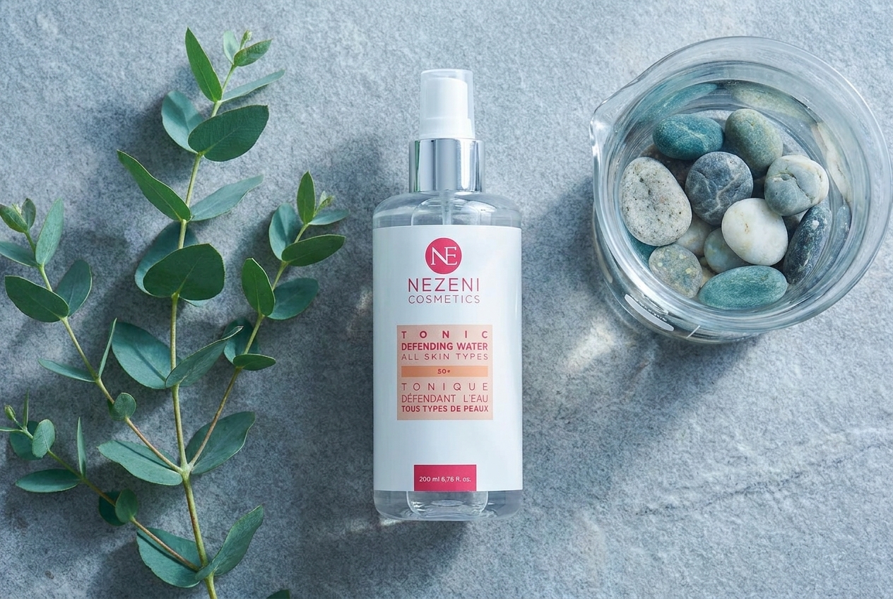Tónico Defending Water Nezeni Cosmetics rodeado de hojas de eucalipto y agua sobre piedra gris